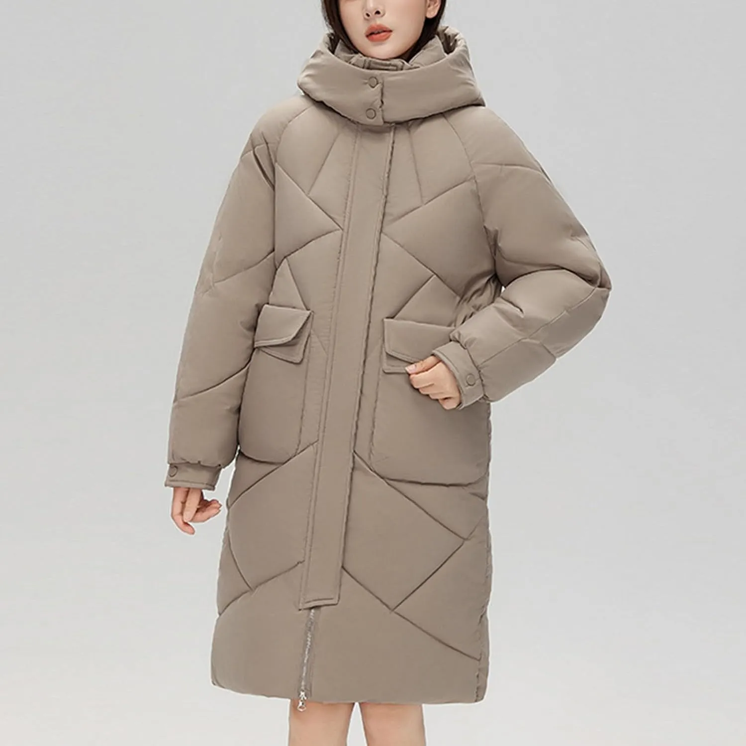 Womens Long Quilted Coat Long Sleeve Zipper Puffer Jacket Solid Hooded Padded Down Coats Thick Warm Winter Outerwear