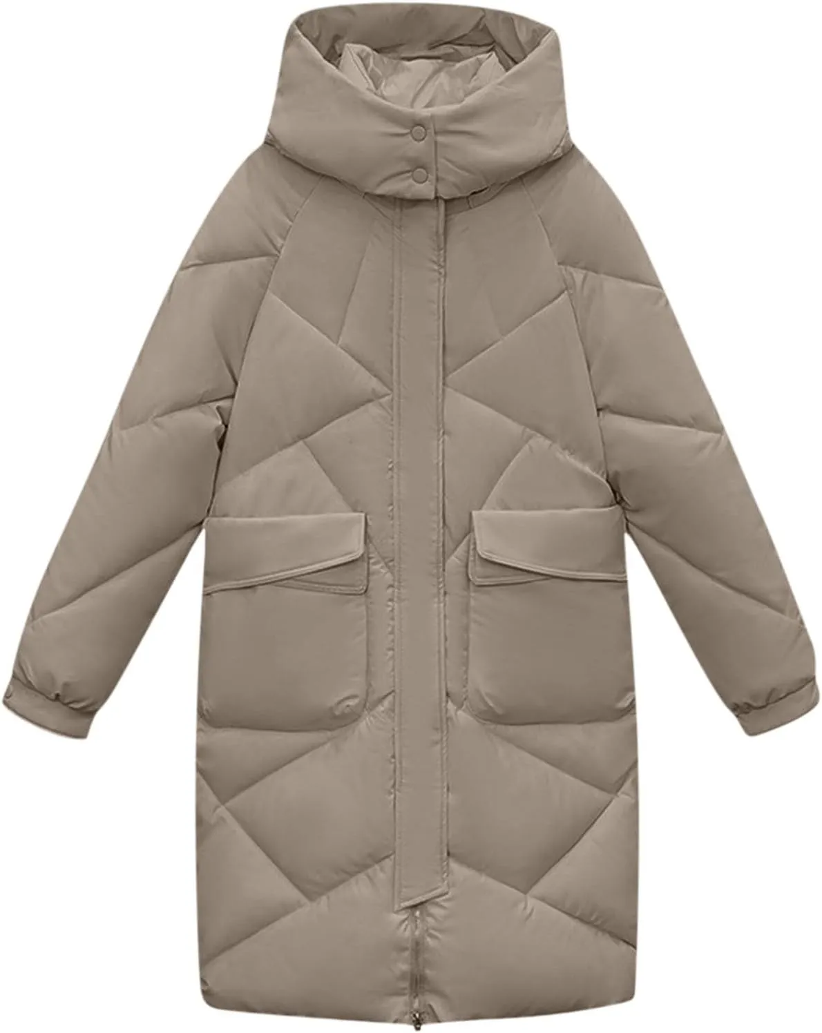 Womens Long Quilted Coat Long Sleeve Zipper Puffer Jacket Solid Hooded Padded Down Coats Thick Warm Winter Outerwear