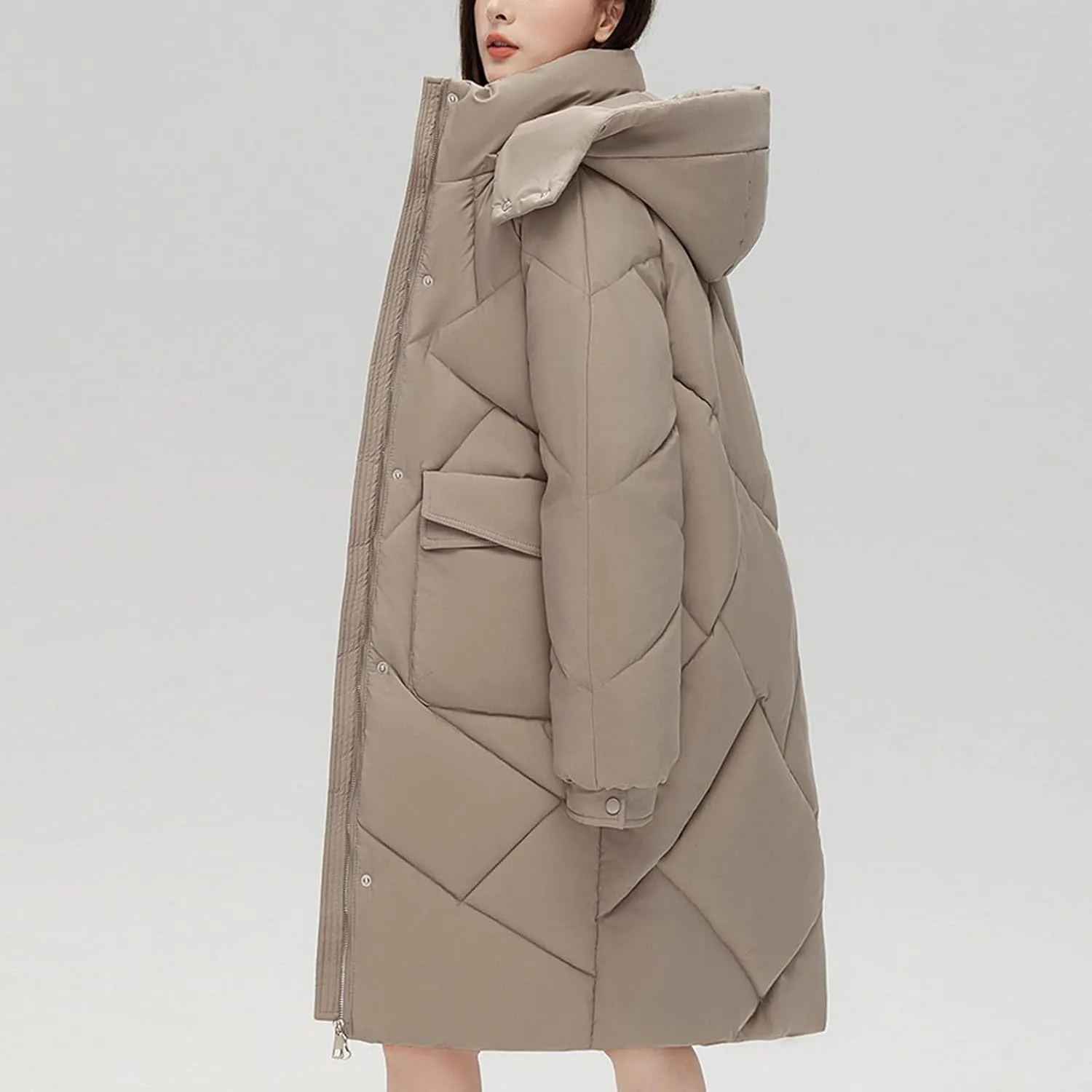 Womens Long Quilted Coat Long Sleeve Zipper Puffer Jacket Solid Hooded Padded Down Coats Thick Warm Winter Outerwear