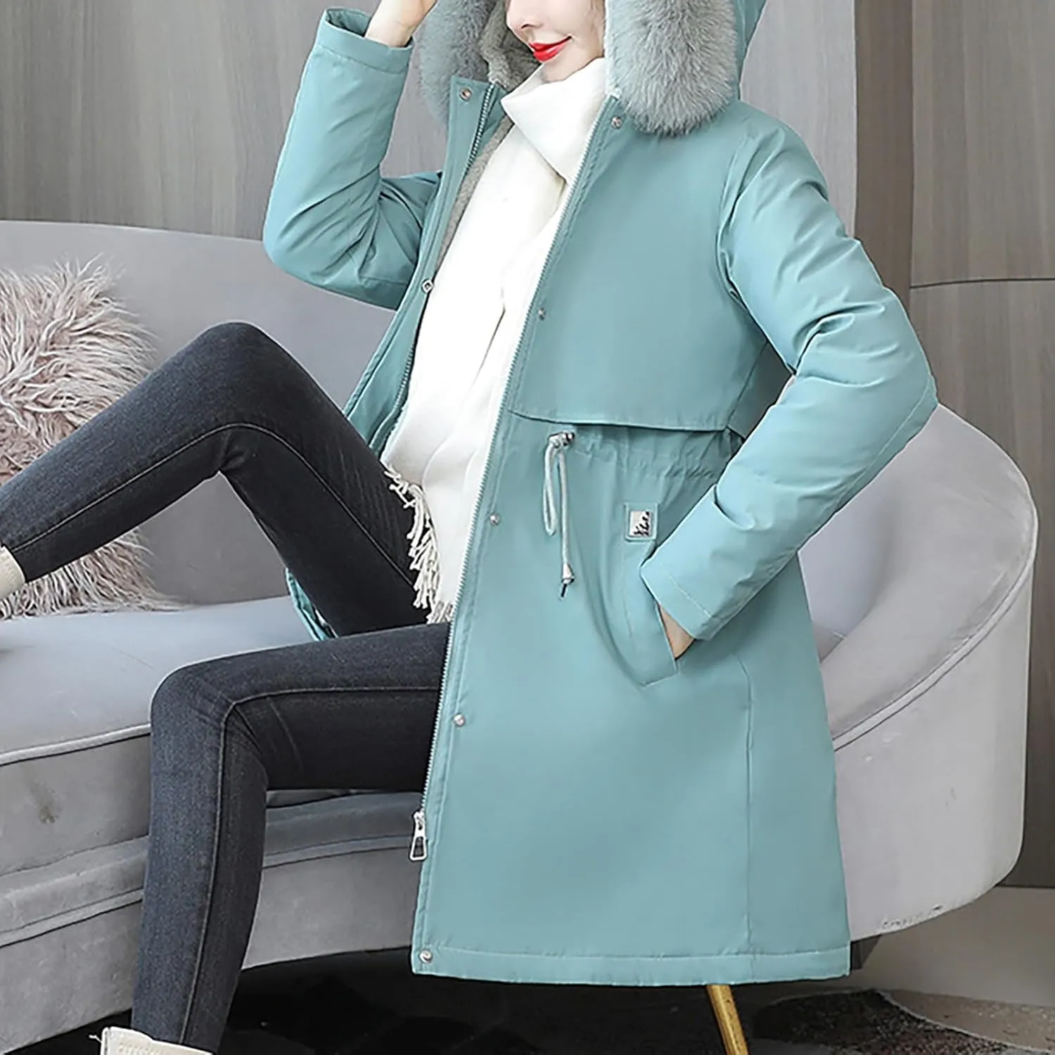 Women's Long Winter Quilted Puffer Coat Warm Maxi Down Jacket Faux Fur Fleece Hood Parka Outerwear with Hooded