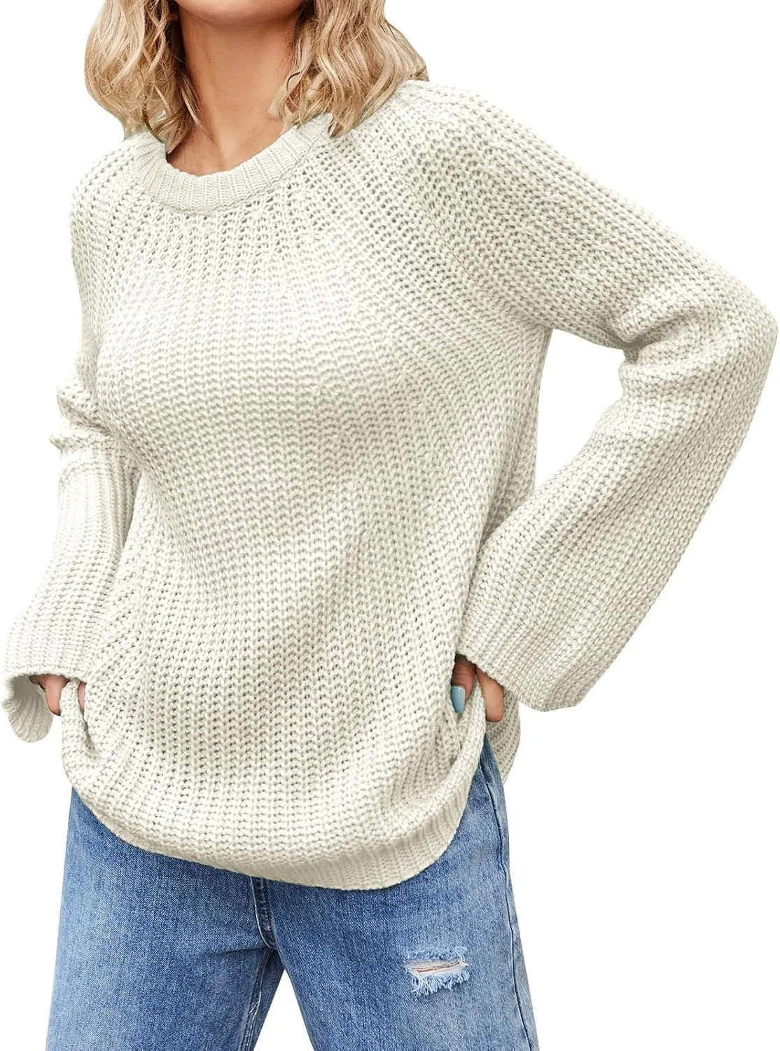 Womens Oversized Sweaters Long Lantern Sleeve Crew Neck 2024 Fall Trendy Ribbed Knit Pullover Sweater Casual Tops