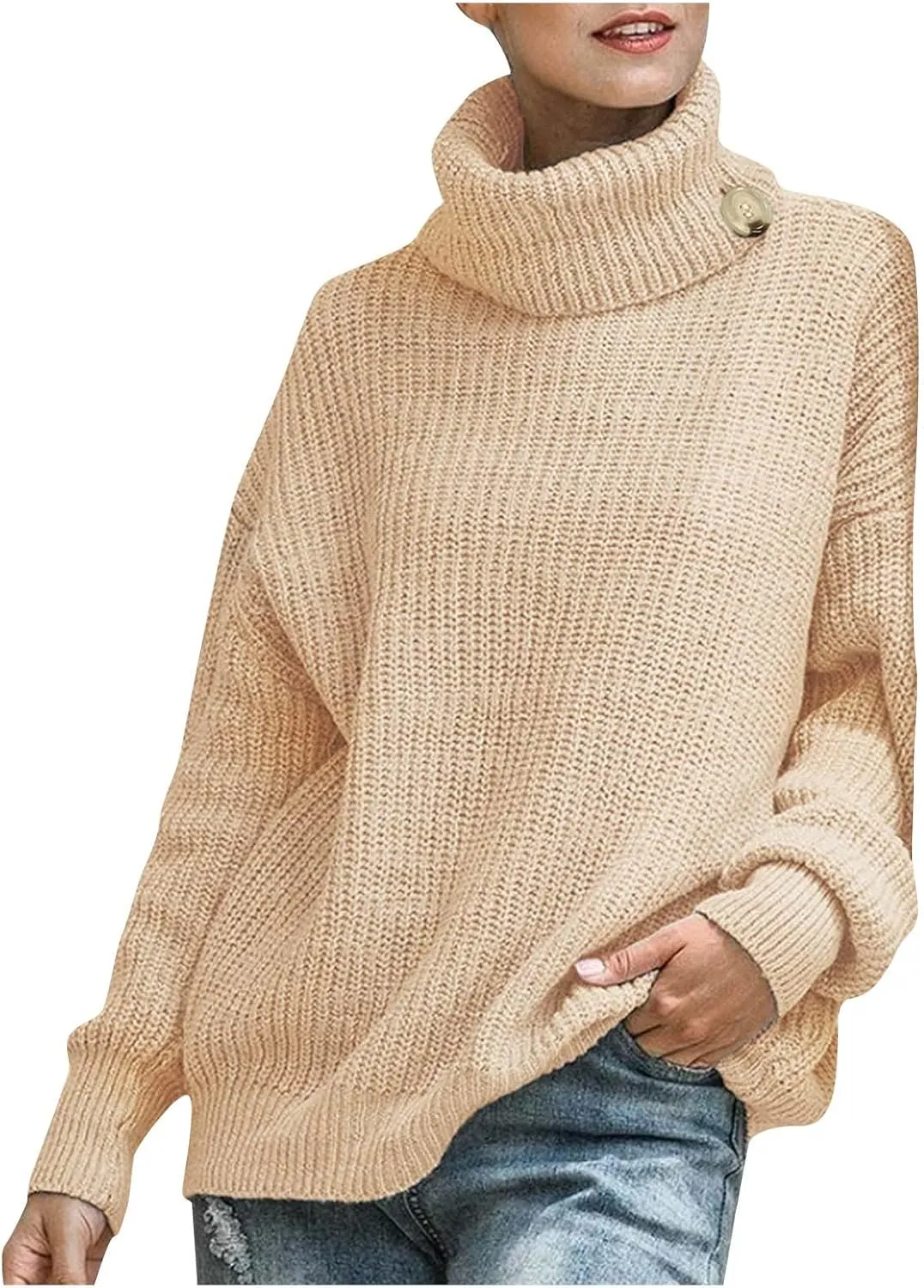 Women's Oversized Turtleneck Sweaters Long Sleeves Loose Casual Knitwear Ribbed Knit Pullover Sweater Blouse Tops