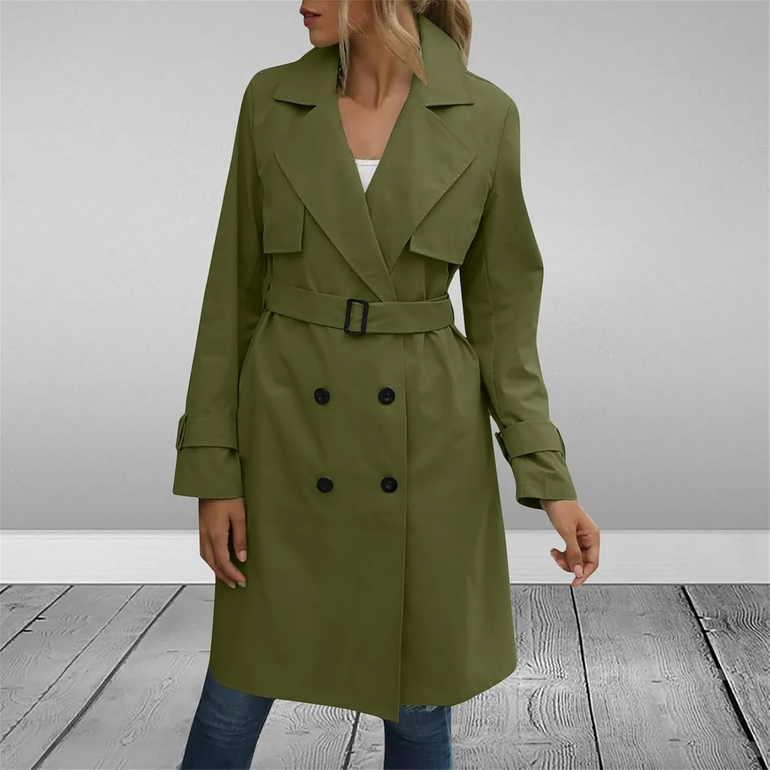 Womens Trench Coat Double Breasted Lapel Collar Long Coats Casual Windbreaker Jacket Trendy Overcoat with Pockets
